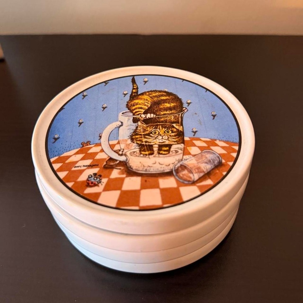 Vintage Gary Patterson Cat Coasters Set of 4 Clay Design Ceramic White Round